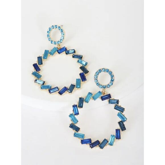 Lulus Blue Without You Blue Hues Rhinestone Statement Earrings Signed Disc Back - Picture 3 of 14